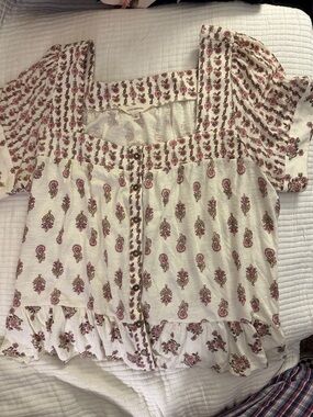 Lucky Brand Cream Blouse with Pink Floral Motif